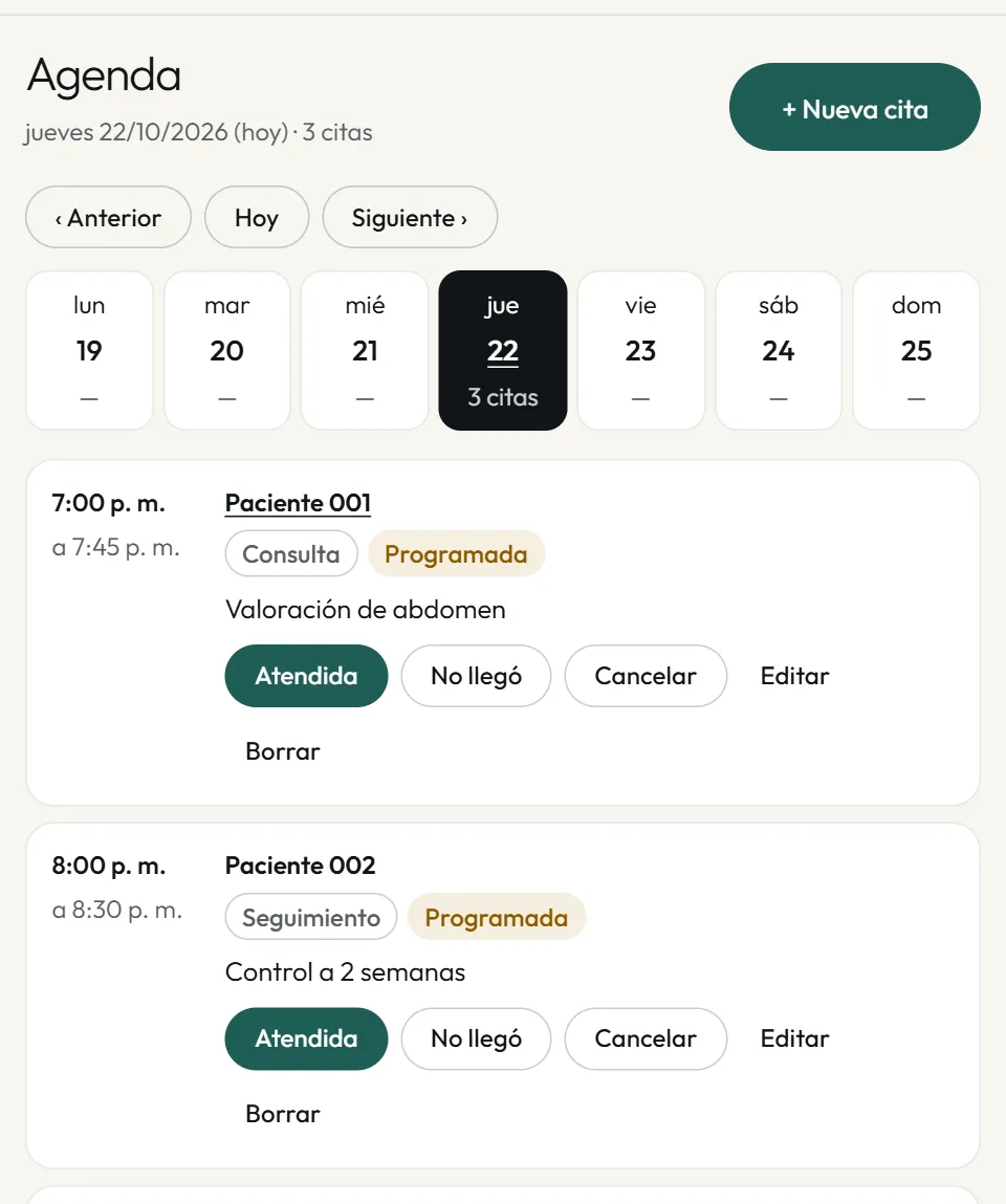 Agenda de NIDI Web: las citas de hoy con su hora, el tipo de cita y los botones para marcarlas como atendidas.