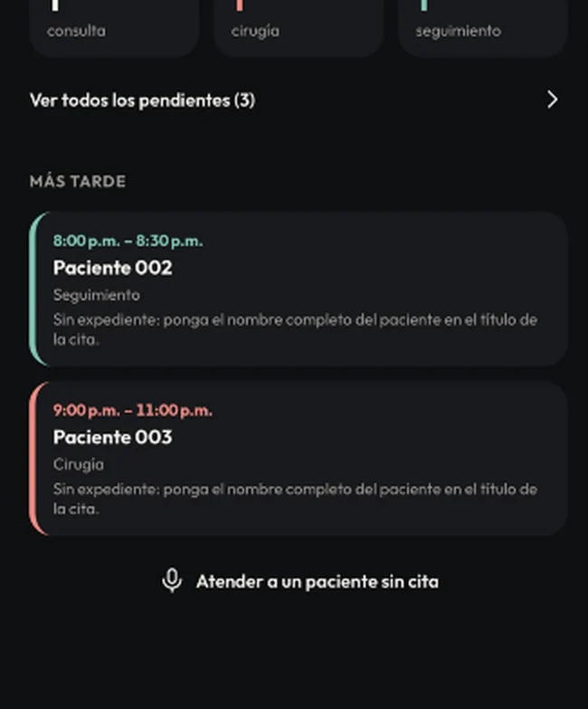 Pantalla principal de NIDI App en el teléfono: los conteos del día y las citas de más tarde, con su hora y su tipo.