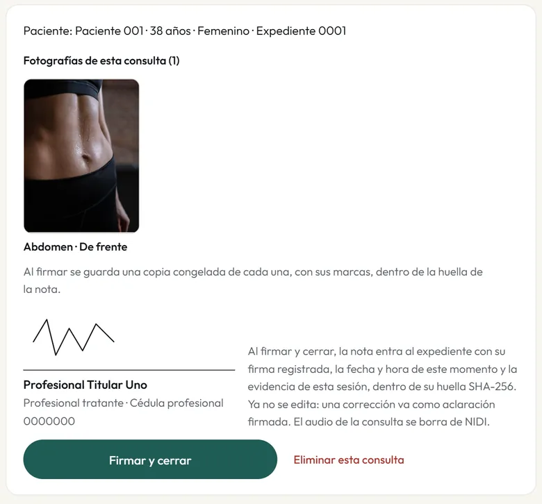Pantalla Firmar y cerrar de NIDI Web: la firma del profesional, su cédula y el botón Firmar y cerrar.