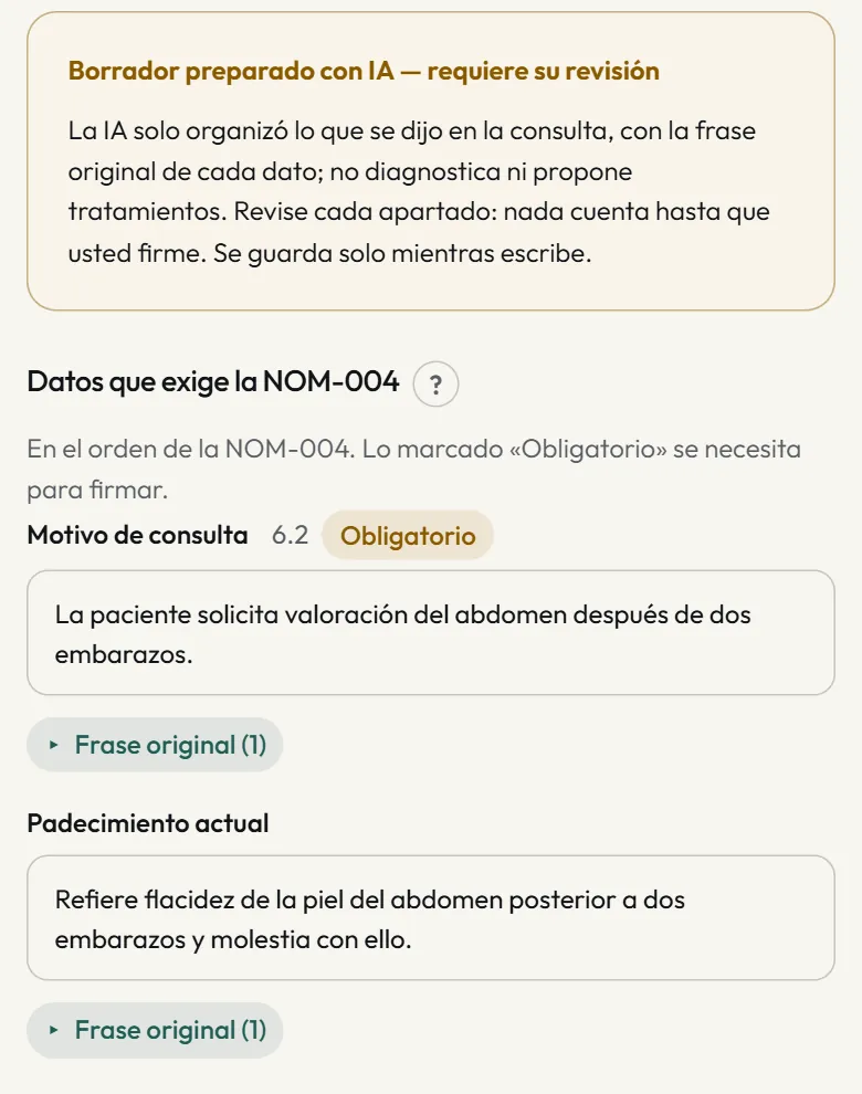 Nota de primera vez en NIDI Web: el aviso de borrador preparado con IA, el motivo de consulta y el botón para ver la frase original.