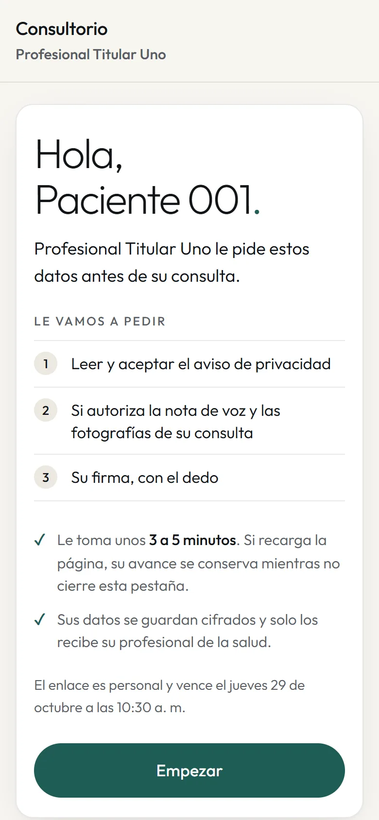 Pantalla de bienvenida que ve el paciente en su celular: leer el aviso de privacidad, autorizar la grabación y firmar con el dedo.