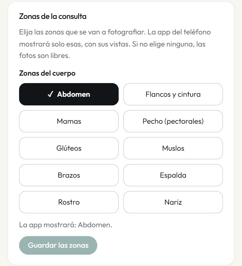 Zonas de la consulta en NIDI Web: las zonas del cuerpo que elige el profesional, con Abdomen marcada y el botón para guardarlas.